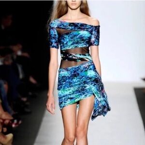 BCBG MaxAzria Runway Dutch Blue Print Jersey Mesh Cap Sleeve Bodycon‎ Dress M